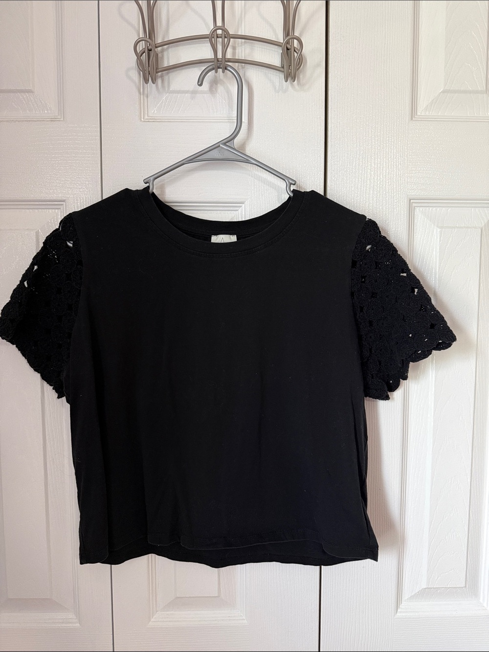 Black Women's Tee with Crochet Sleeves